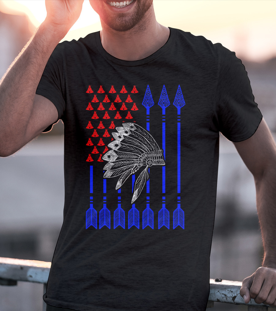 Native American Day Headdress Red Teepees Blue Arrows Flag T-Shirt
