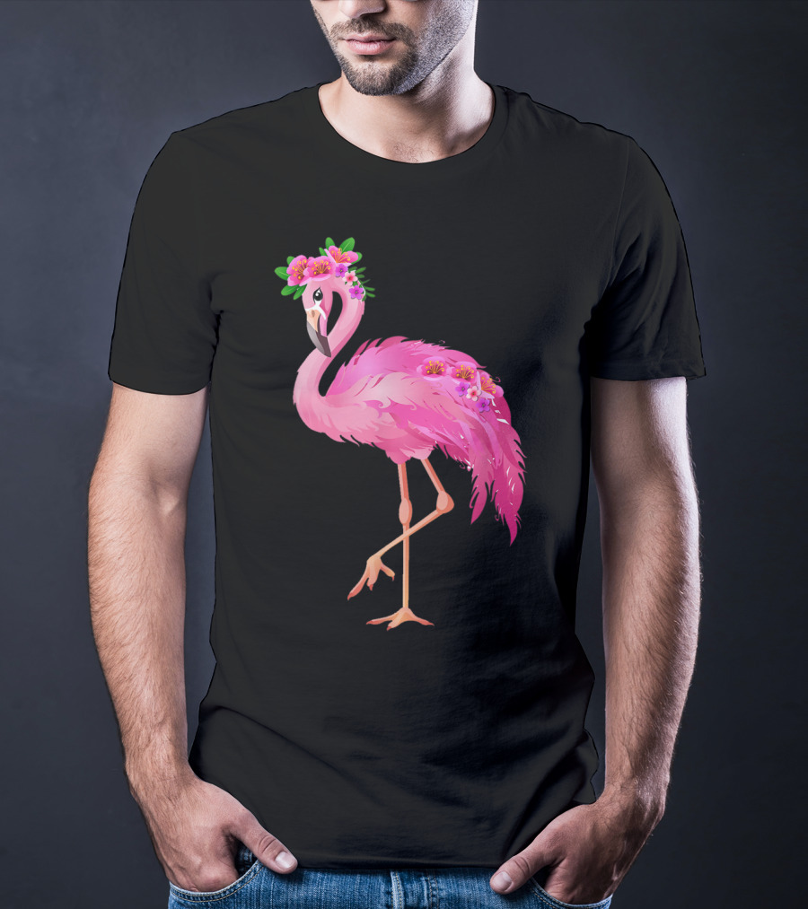Pink Flamingo With Watercolor Hawaiian Flower Crown And Feathers T-Shirt