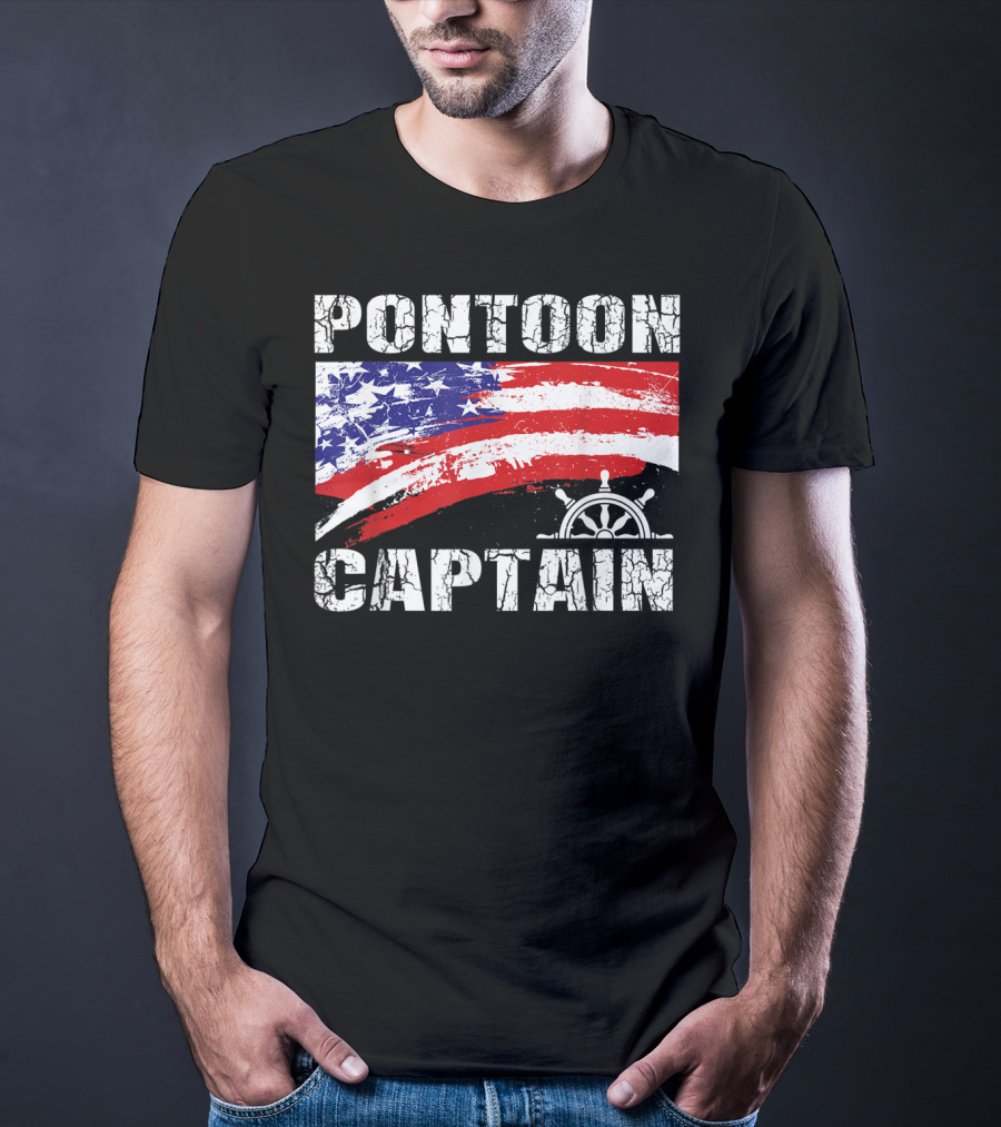Pontoon Captain American Flag Steering Wheel Dad Boating T-Shirt