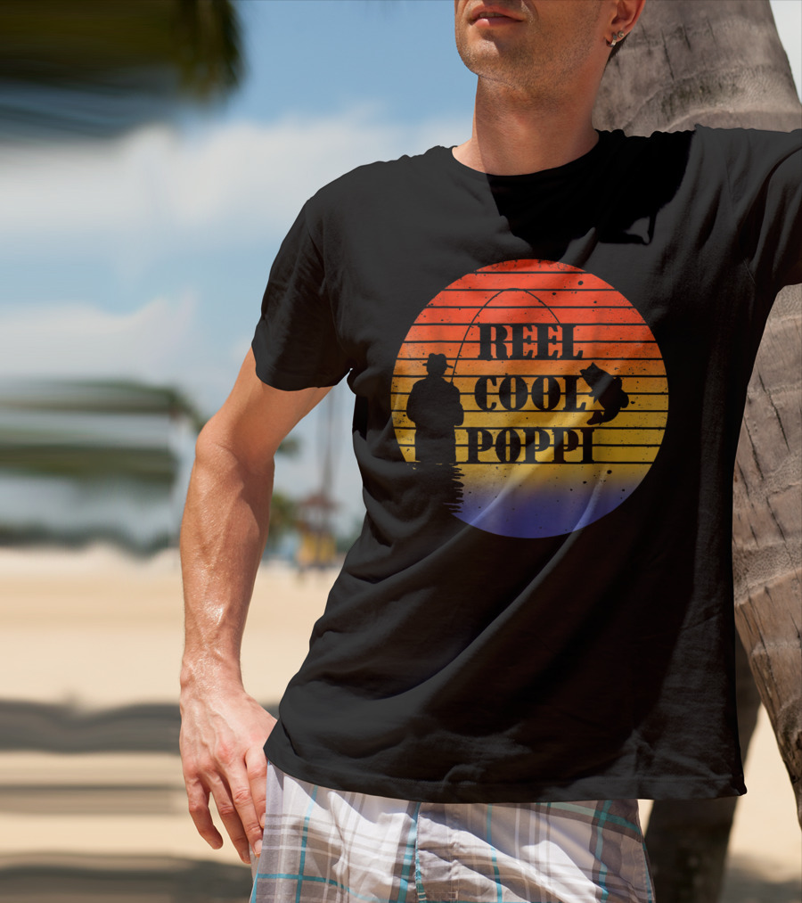 Reel Cool Poppi Silhouette Fishing Vintage Sunset T-Shirt