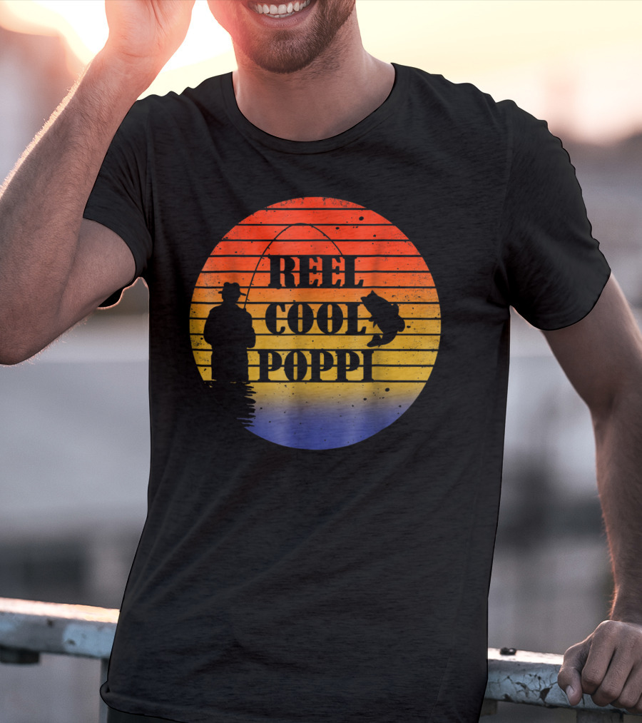Reel Cool Poppi Silhouette Fishing Vintage Sunset T-Shirt
