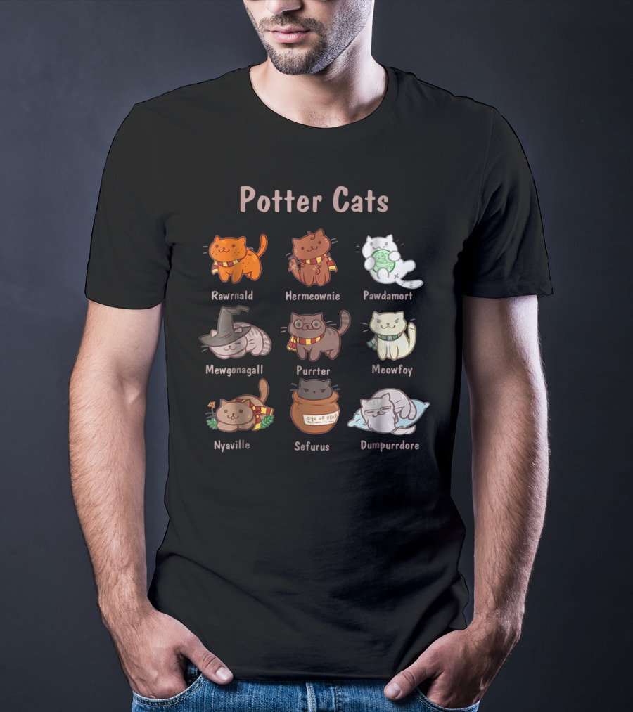 Potter Cats Rawrnald Hermeownie Pawdamort Mewgonagall Purrter Meowfoy Nyaville Sefurus Dumpurrdore Funny Cat Lovers T-Shirt