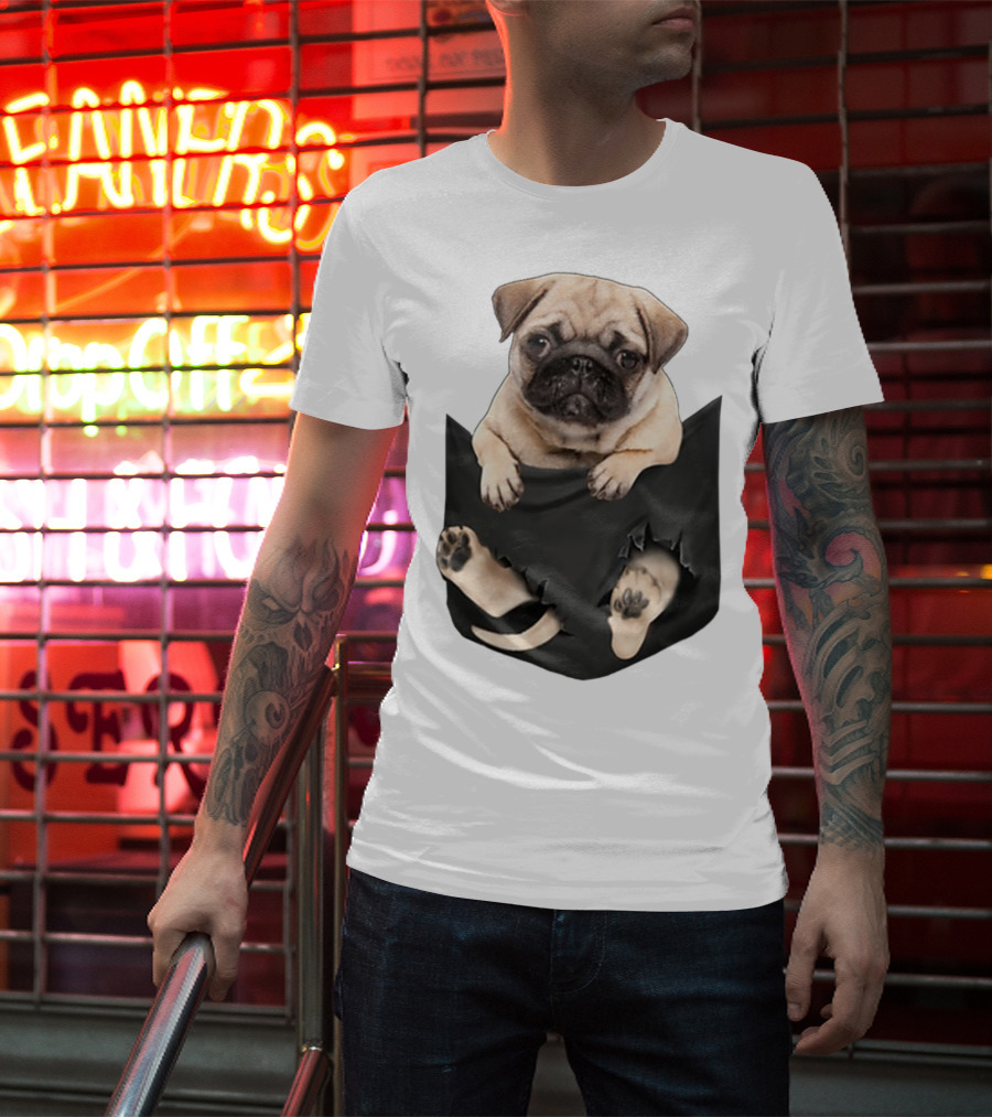 Pug Peeking Out Of Pocket With Paws Poking Through T-Shirt