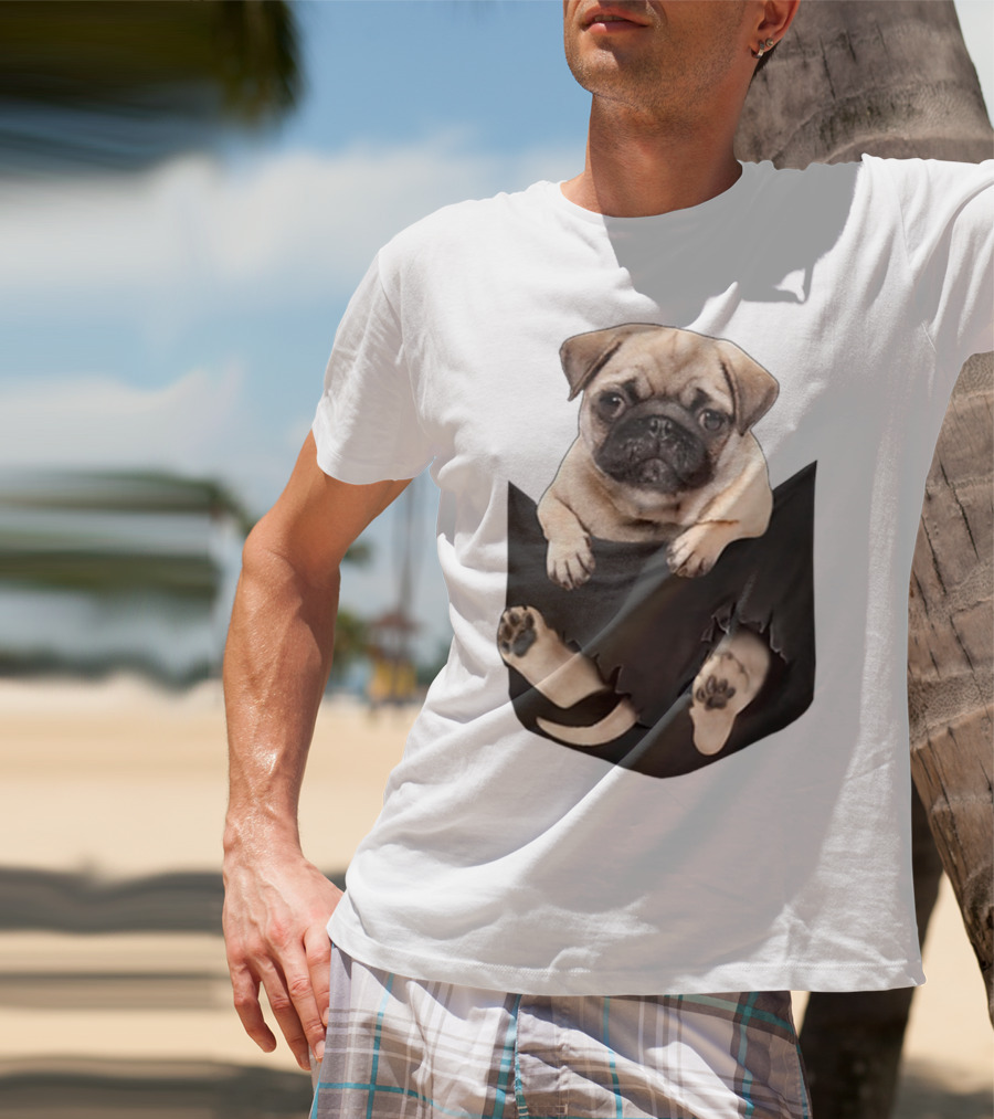 Pug Peeking Out Of Pocket With Paws Poking Through T-Shirt