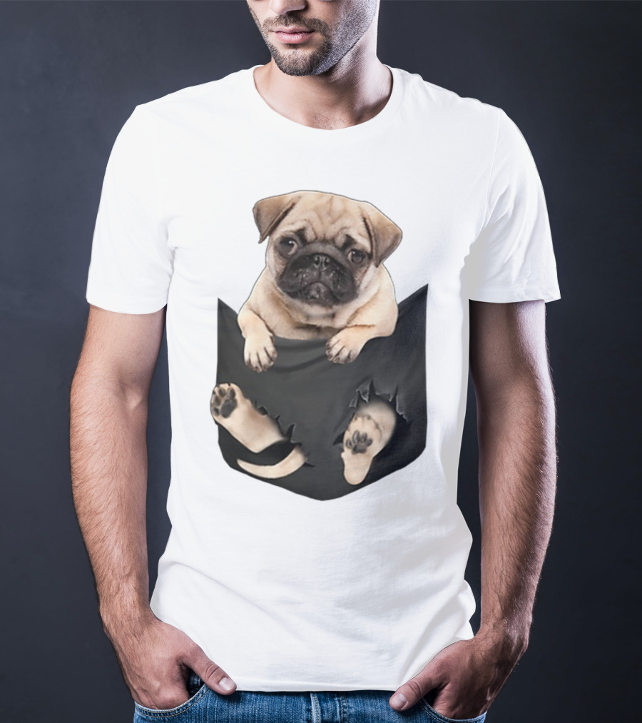 Pug Peeking Out Of Pocket With Paws Poking Through T-Shirt