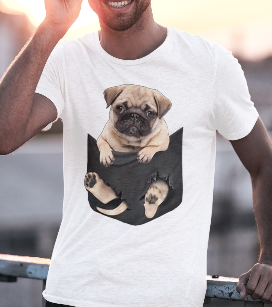 Pug Peeking Out Of Pocket With Paws Poking Through T-Shirt