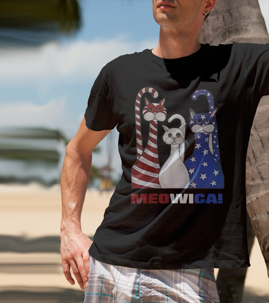 MEOWICA Red White Blue Cat American Flag Patriotic T-Shirt
