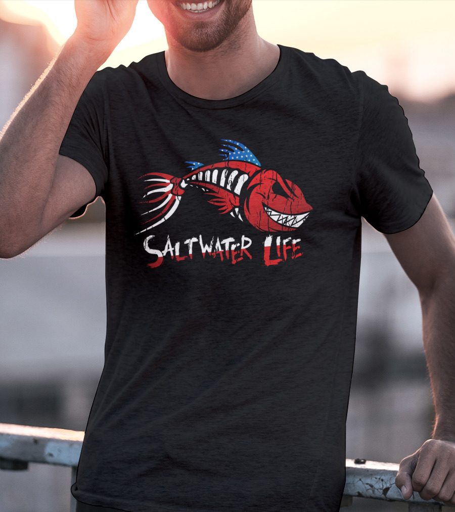 Saltwater Life American Flag Fish Skeleton T-Shirt