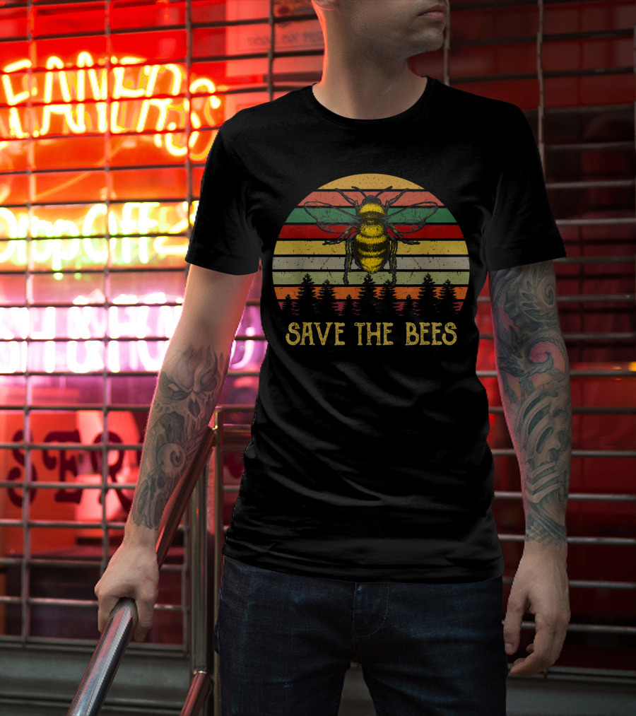 Save The Bees Retro Stripes Earth Day Forest Conservation T-Shirt