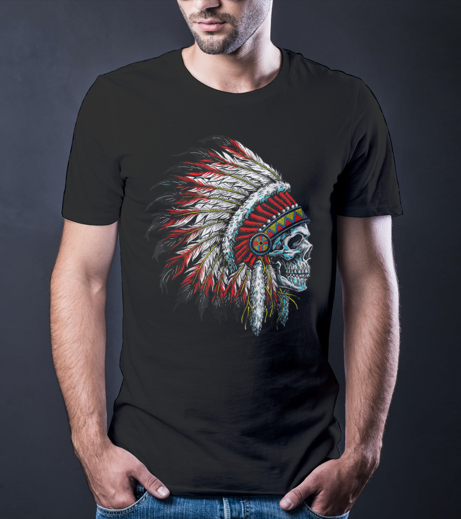 Skull Native Indian Chief Eagle Feather Headdress Vintage American T-Shirt