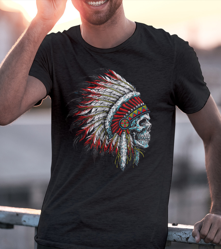 Skull Native Indian Chief Eagle Feather Headdress Vintage American T-Shirt