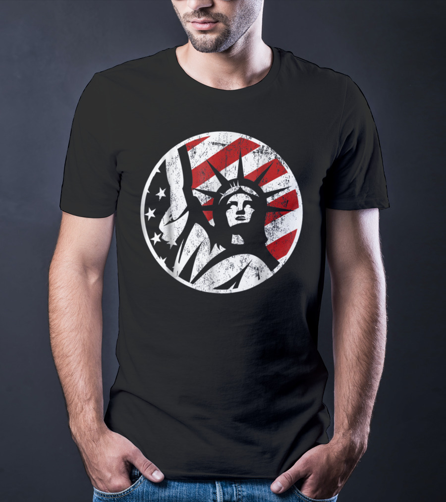 Statue Of Liberty NYC American Flag Circle Stars Stripes T-Shirt