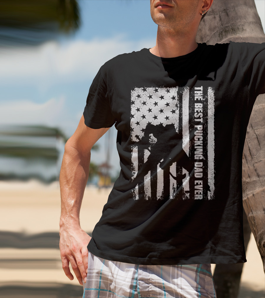 The Best Pucking Dad Ever Flag Hockey Silhouette Stars Stripes T-Shirt