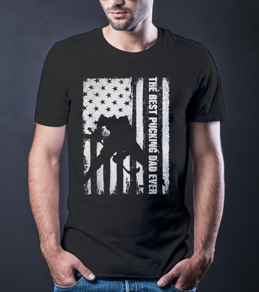 The Best Pucking Dad Ever Flag Hockey Silhouette Stars Stripes T-Shirt
