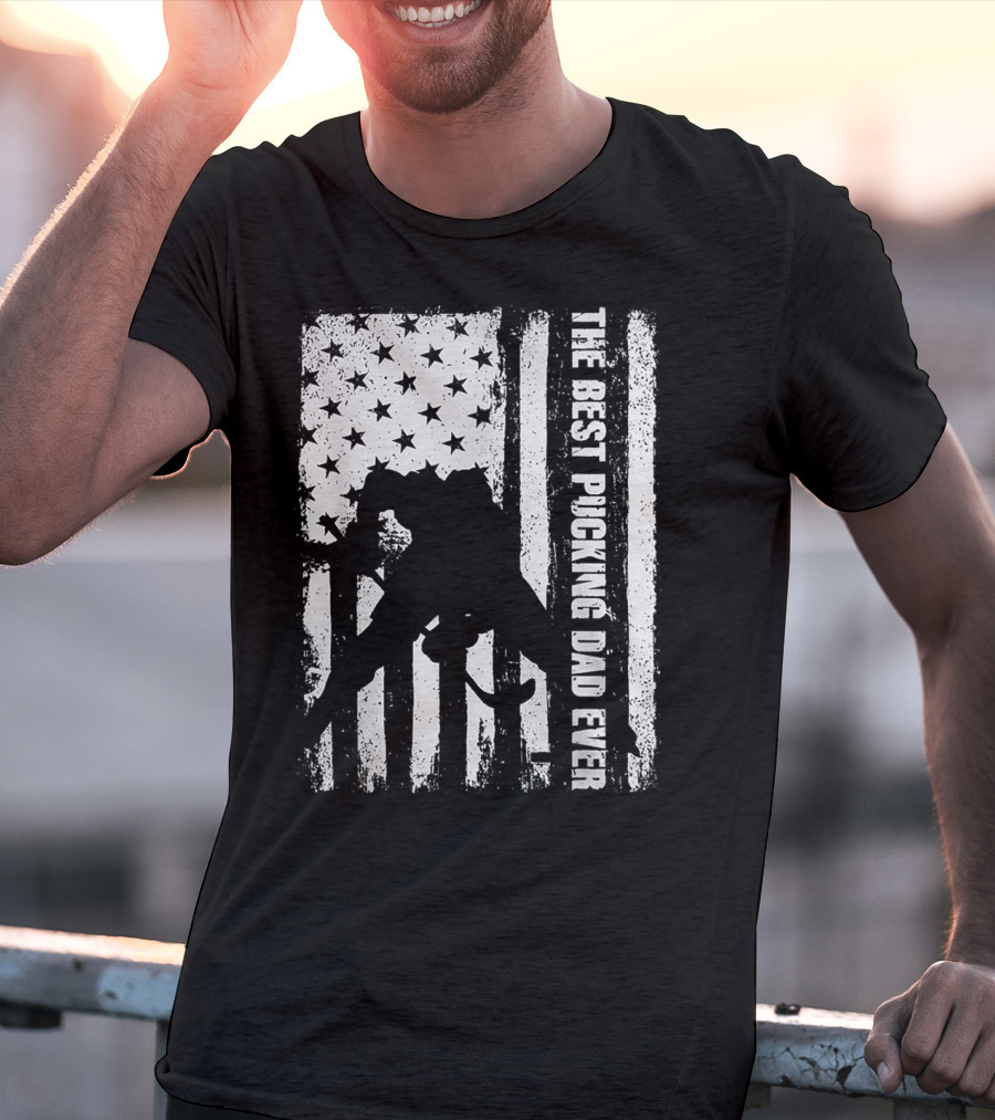 The Best Pucking Dad Ever Flag Hockey Silhouette Stars Stripes T-Shirt
