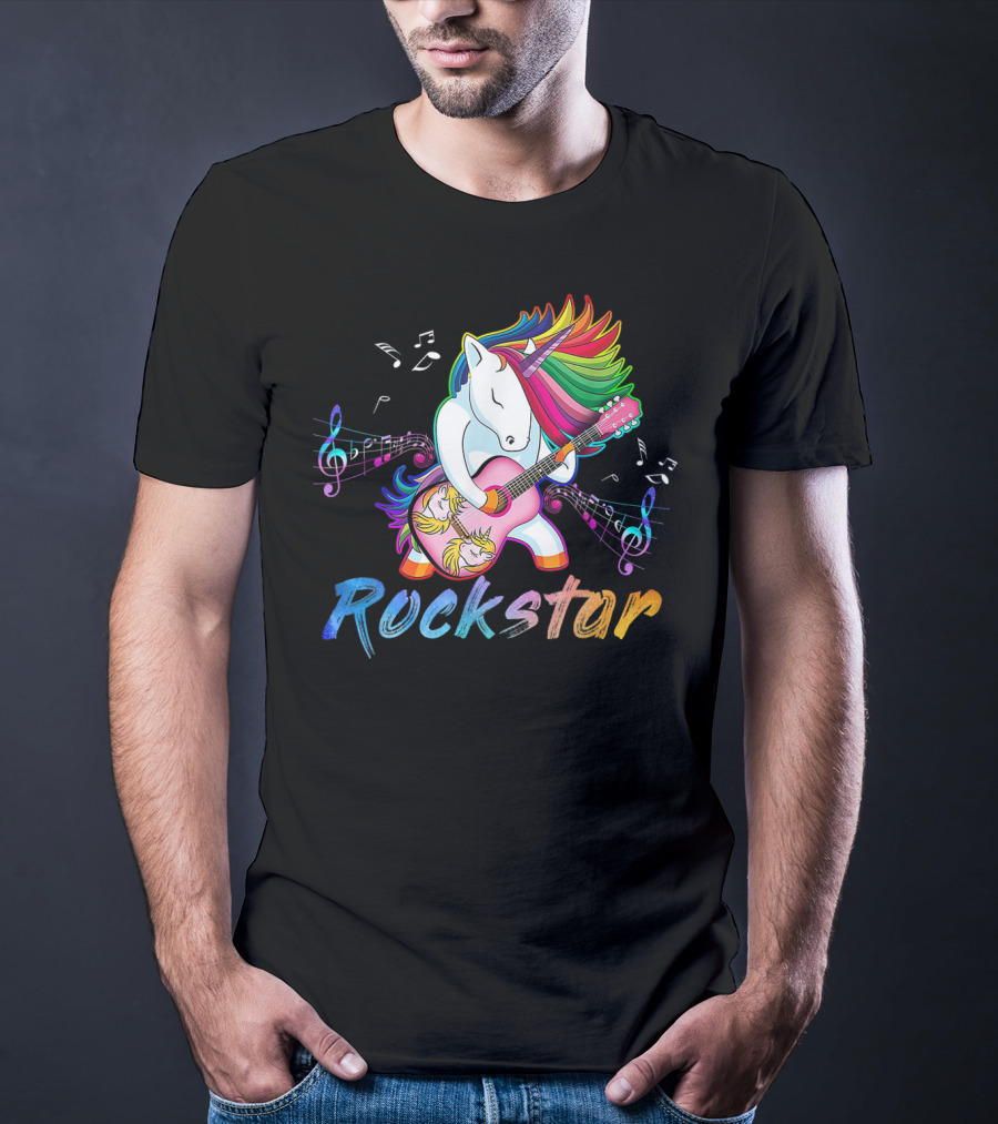 Unicorn Rockstar Rainbow Guitar Music Notes T-Shirt