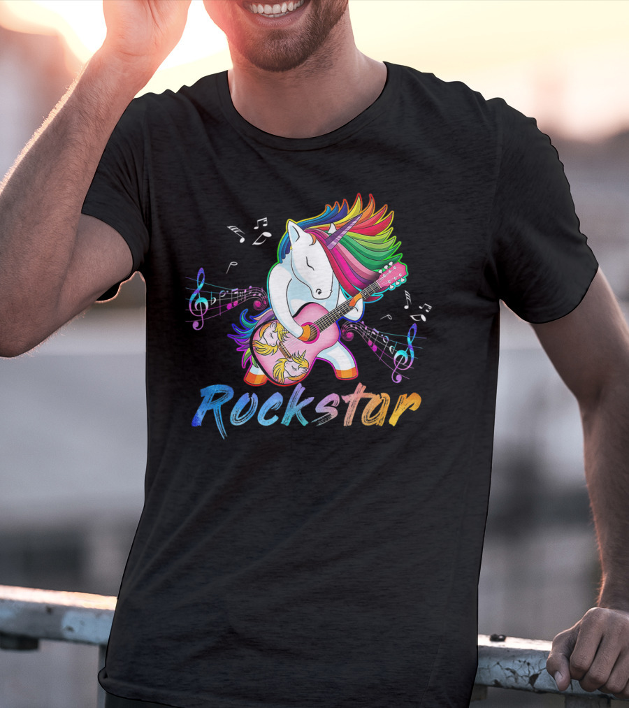 Unicorn Rockstar Rainbow Guitar Music Notes T-Shirt