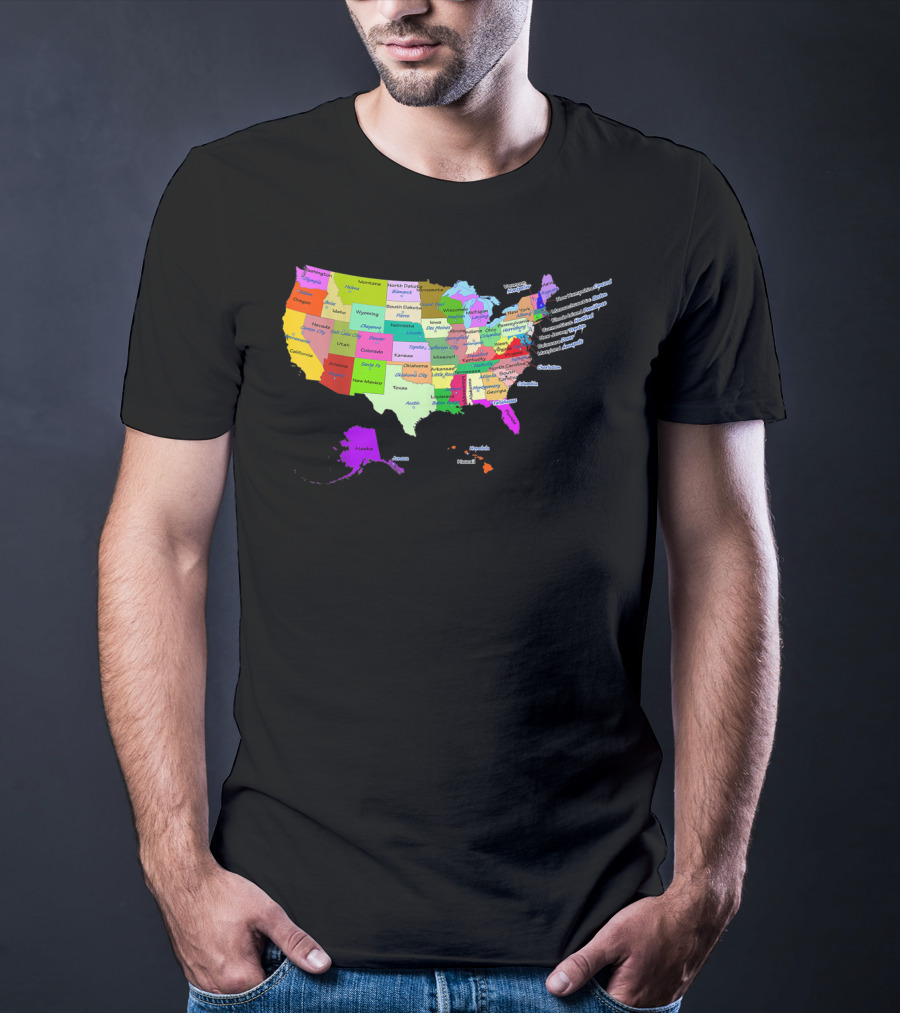 USA Map Displaying States And Capital Cities In Vibrant Colors T-Shirt