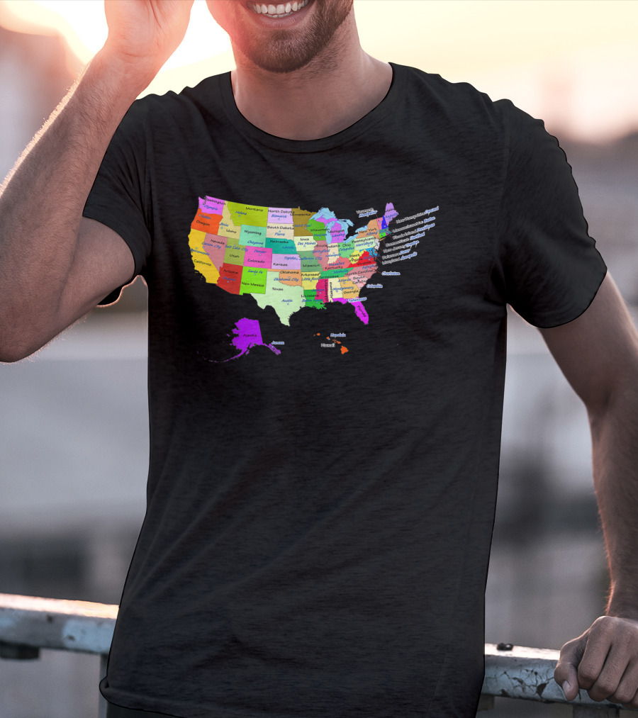 USA Map Displaying States And Capital Cities In Vibrant Colors T-Shirt
