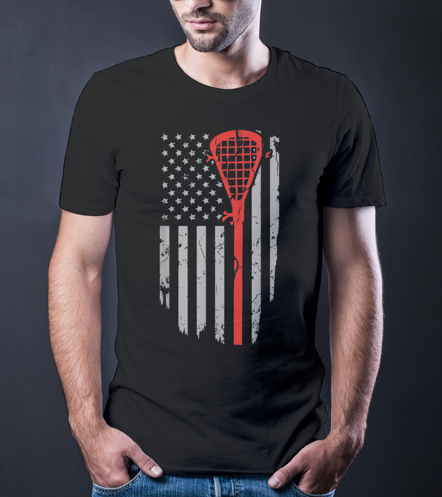 Vintage American Flag Lacrosse Stick Youth USA Patriotic T-Shirt