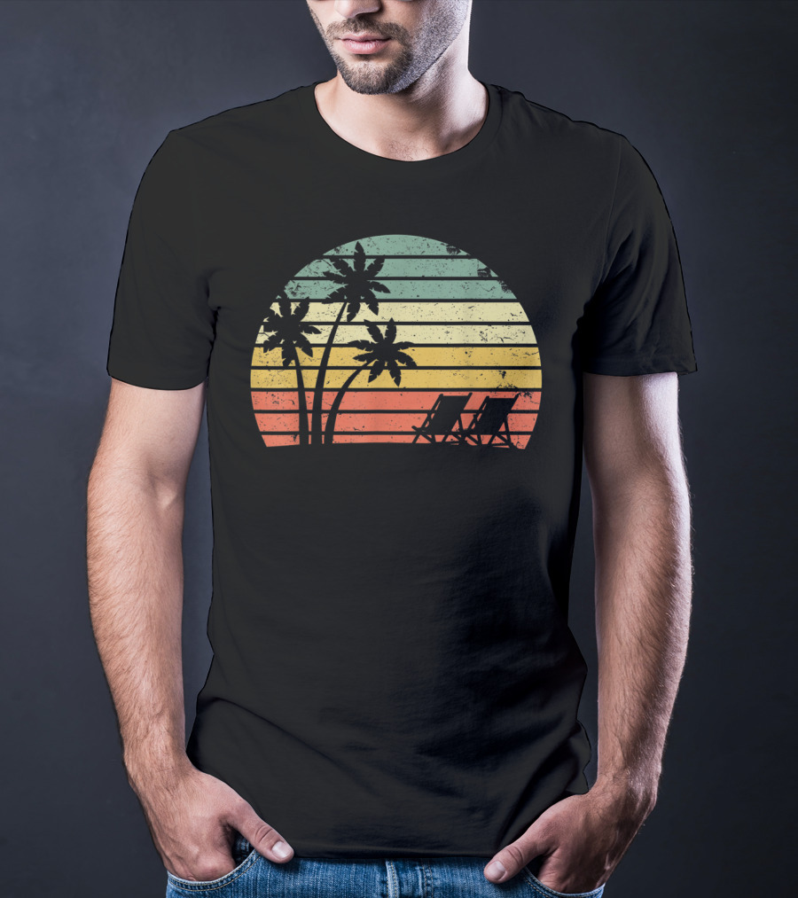 Retro Sunset Palm Trees With Beach Chair T-Shirt