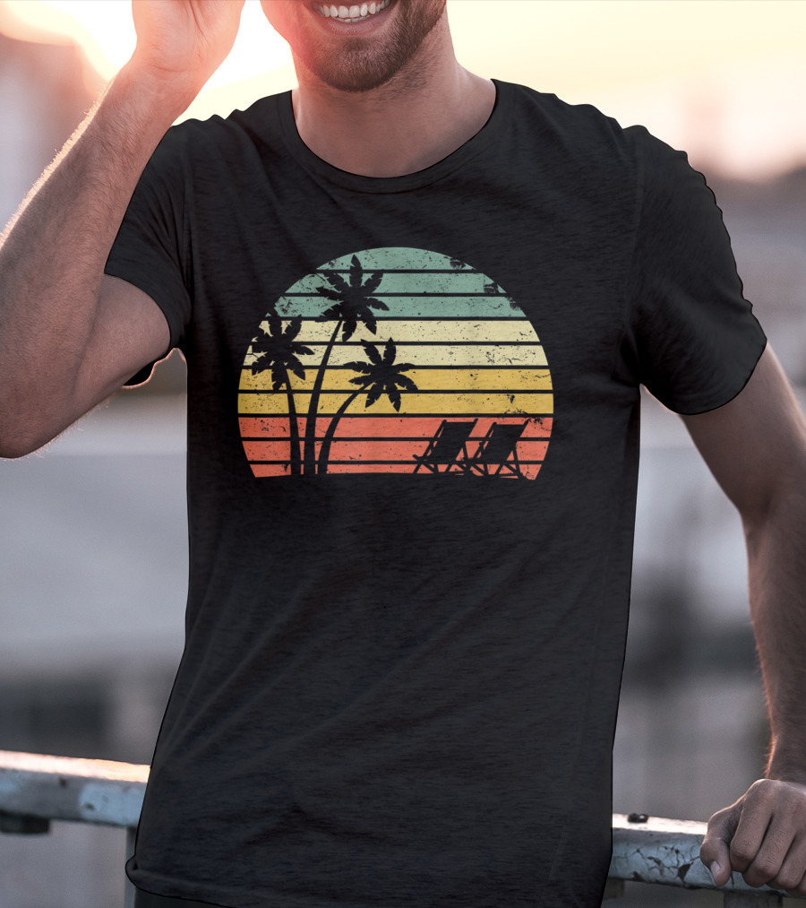 Retro Sunset Palm Trees With Beach Chair T-Shirt