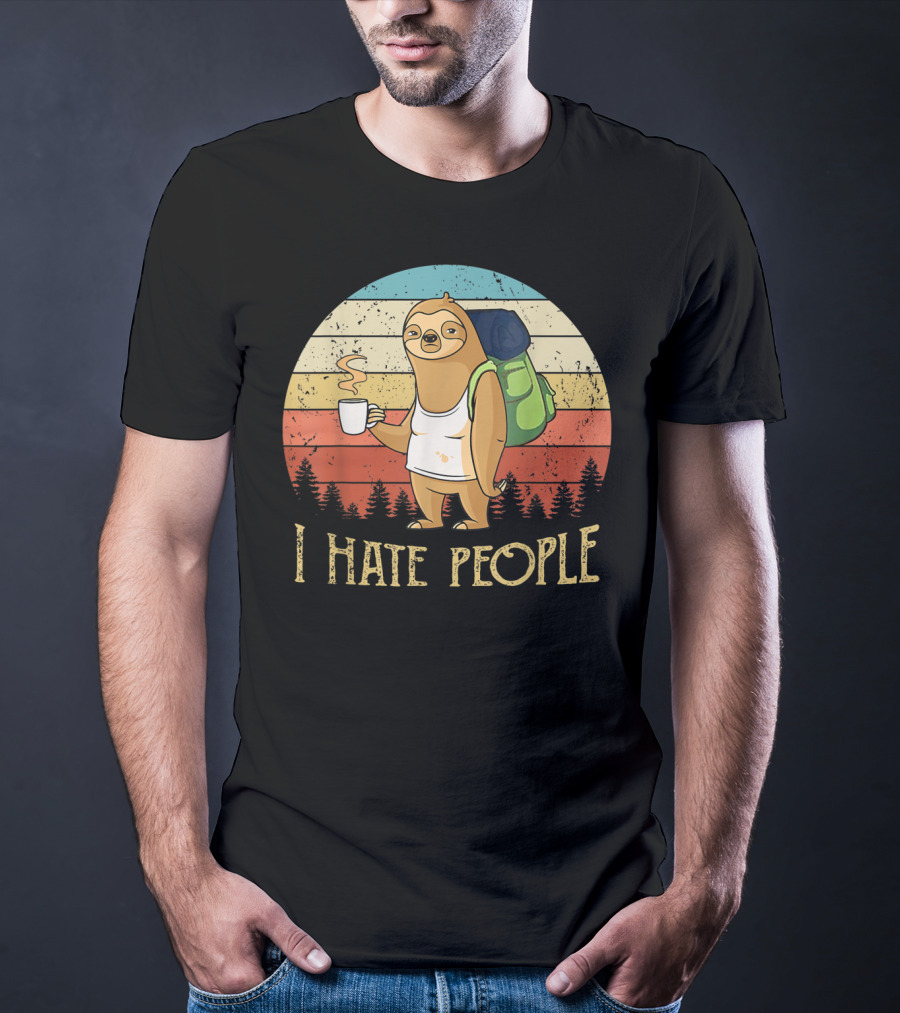 Vintage I Hate People Sloth Camping With Coffee And Backpack Retro Sunset Stripes T-Shirt