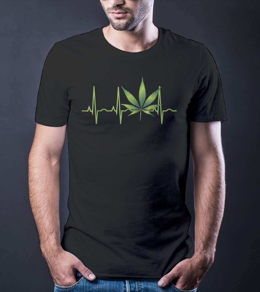 Weed Marijuana Leaf Heartbeat EKG Line T-Shirt