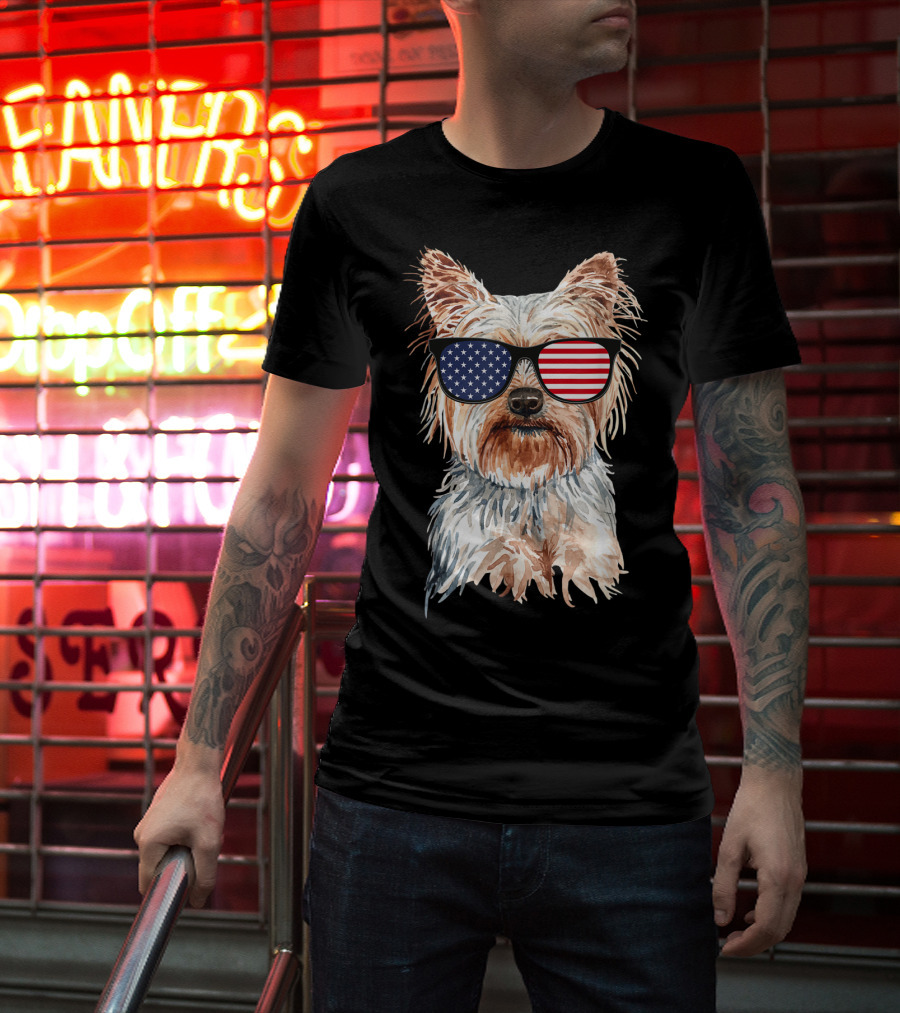 Yorkie Dog With American Flag Sunglasses Patriotic T-Shirt