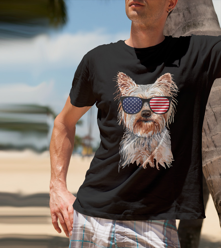 Yorkie Dog With American Flag Sunglasses Patriotic T-Shirt