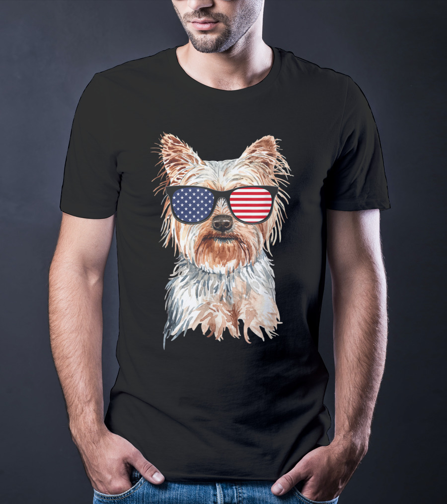 Yorkie Dog With American Flag Sunglasses Patriotic T-Shirt