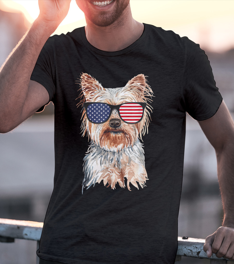 Yorkie Dog With American Flag Sunglasses Patriotic T-Shirt