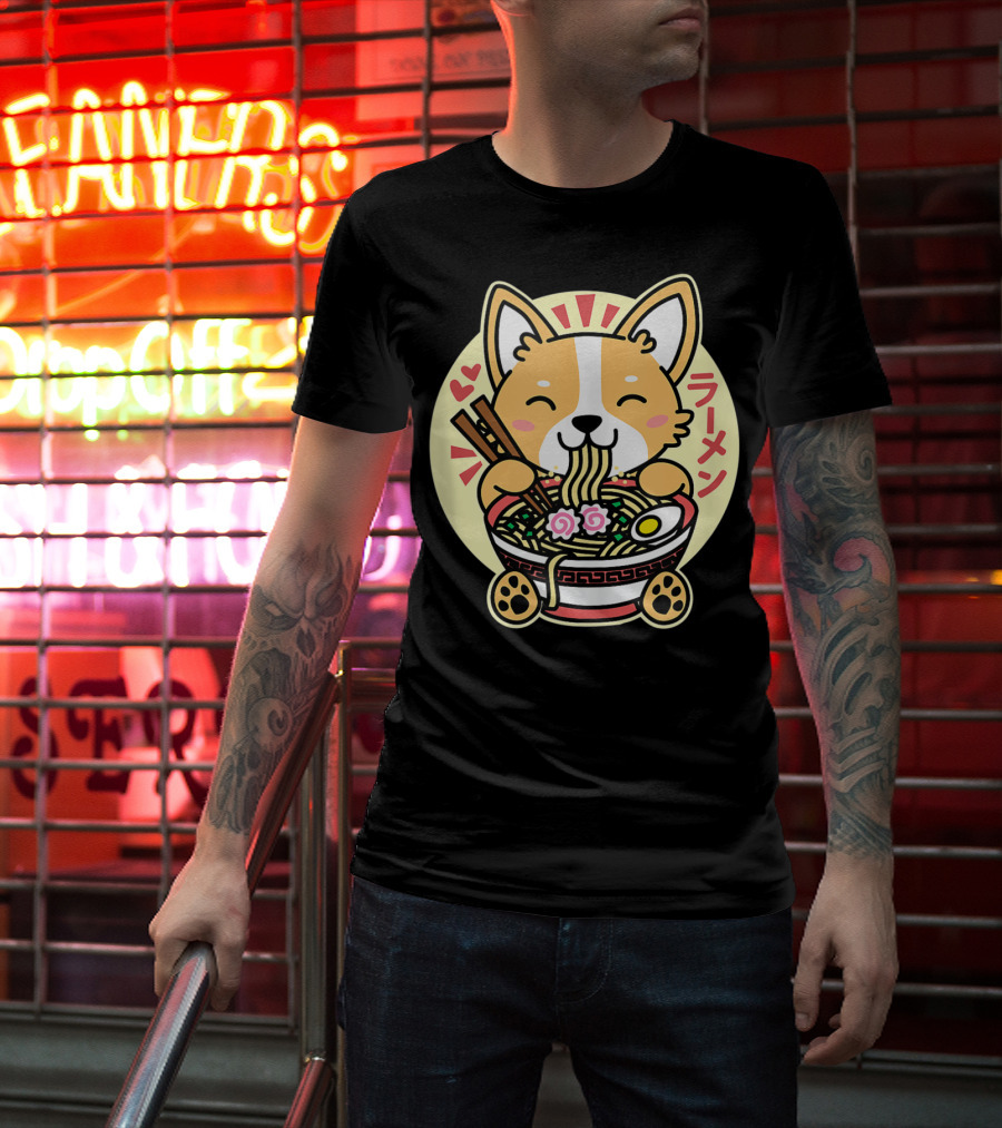 Kawaii Corgi Ramen Cute Anime Dog Japanese Noodles T-Shirt
