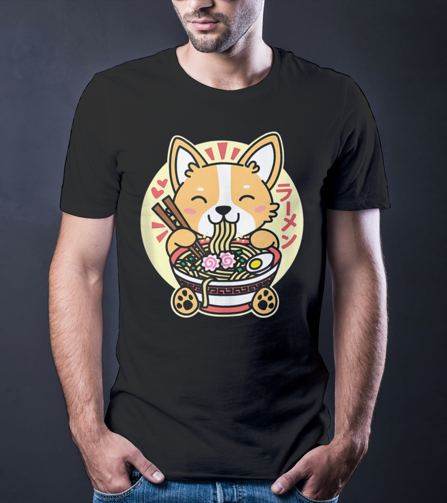 Kawaii Corgi Ramen Cute Anime Dog Japanese Noodles T-Shirt