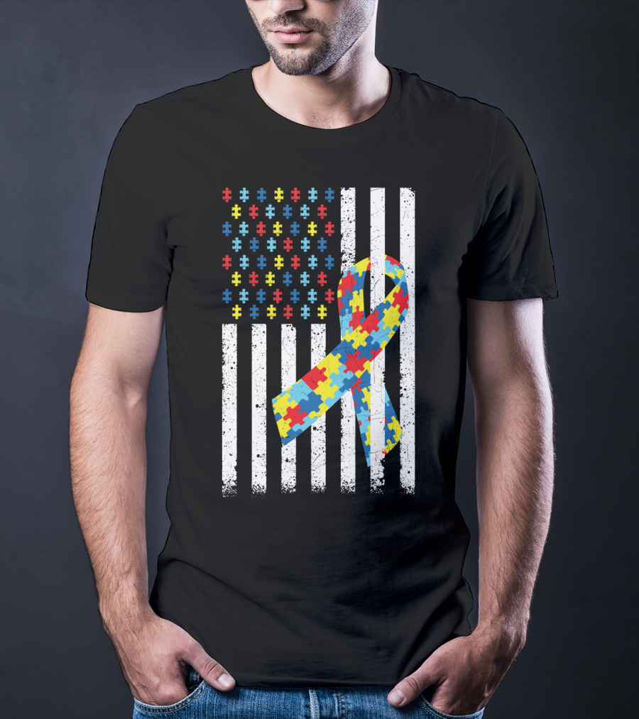 American Flag Jigsaw Puzzle Ribbon Autism Awareness T-Shirt