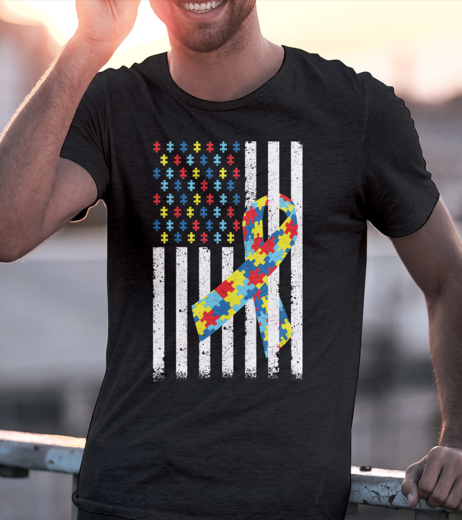 American Flag Jigsaw Puzzle Ribbon Autism Awareness T-Shirt