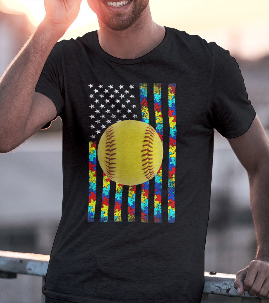 Autism Awareness American Flag Softball Puzzle Piece Stripes T-Shirt