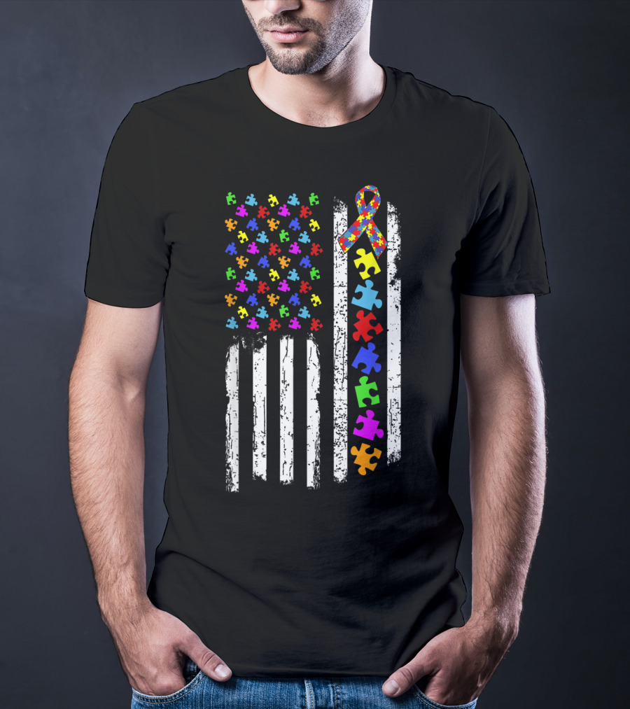 Autism Awareness Puzzle Piece Ribbon American Flag T-Shirt