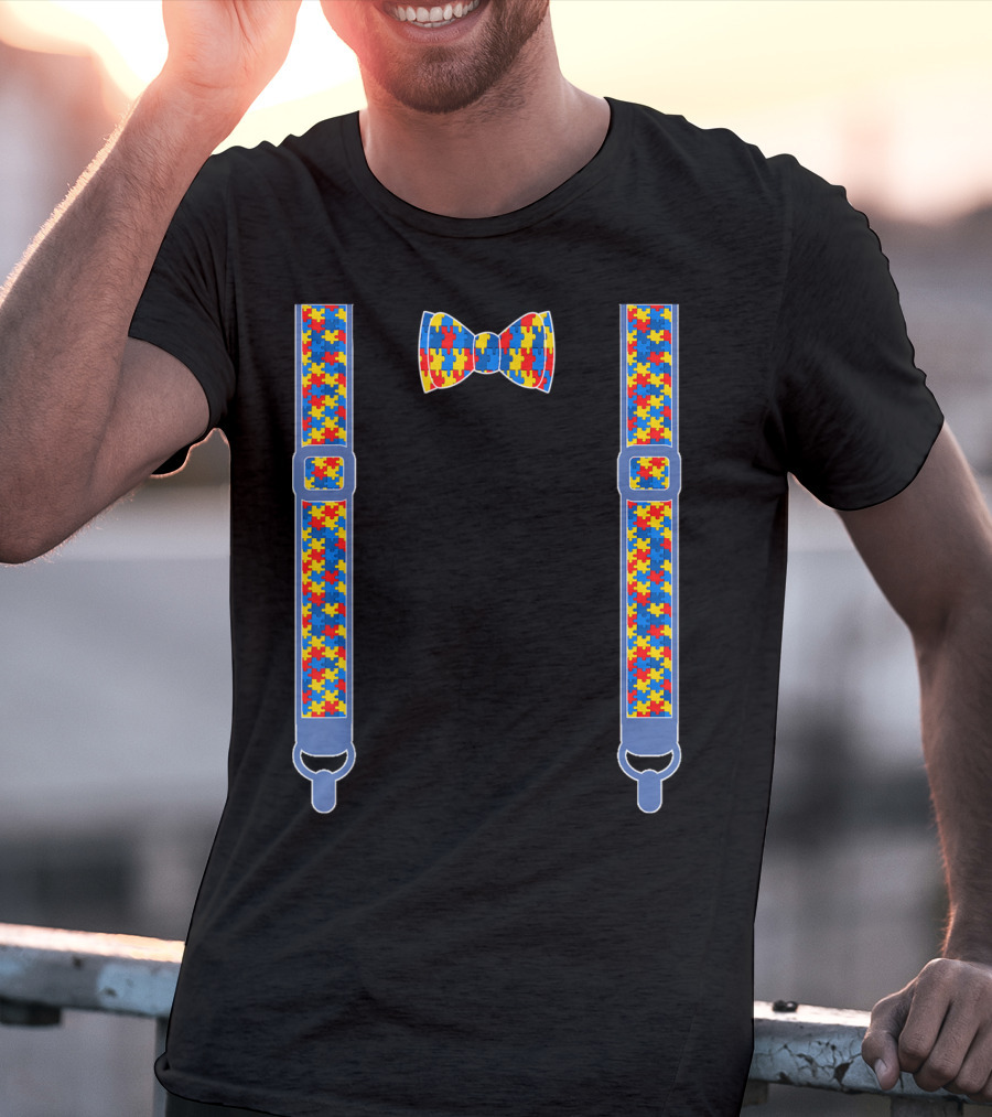 Autism Awareness Puzzle Piece Bow Tie And Suspenders T-Shirt