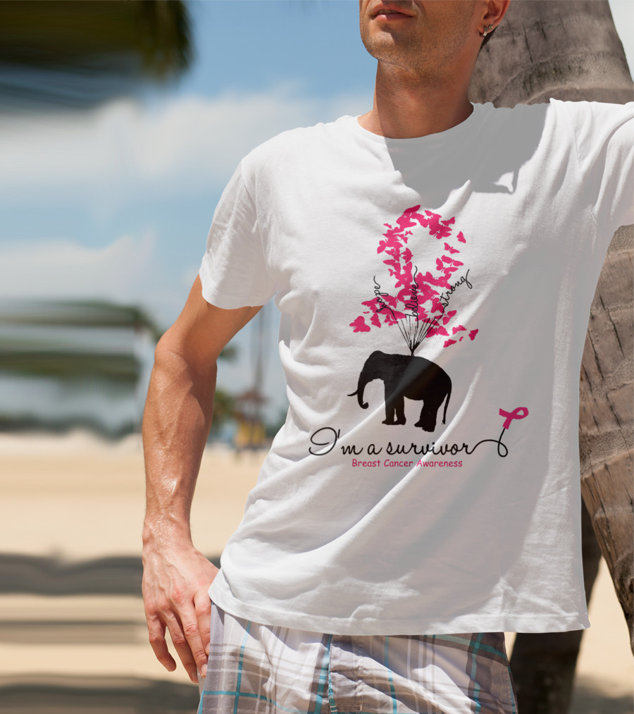 I'm A Survivor Breast Cancer Awareness Pink Ribbon Butterfly Elephant T-Shirt