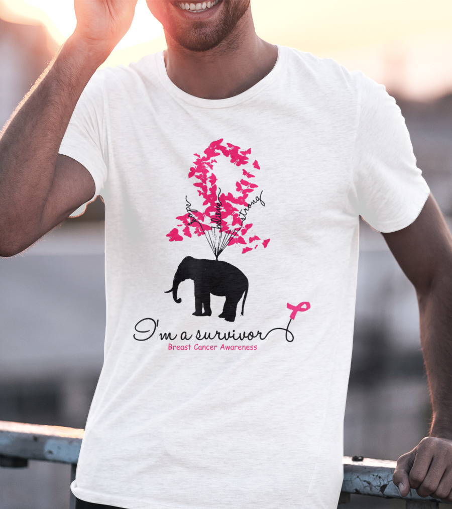 I'm A Survivor Breast Cancer Awareness Pink Ribbon Butterfly Elephant T-Shirt