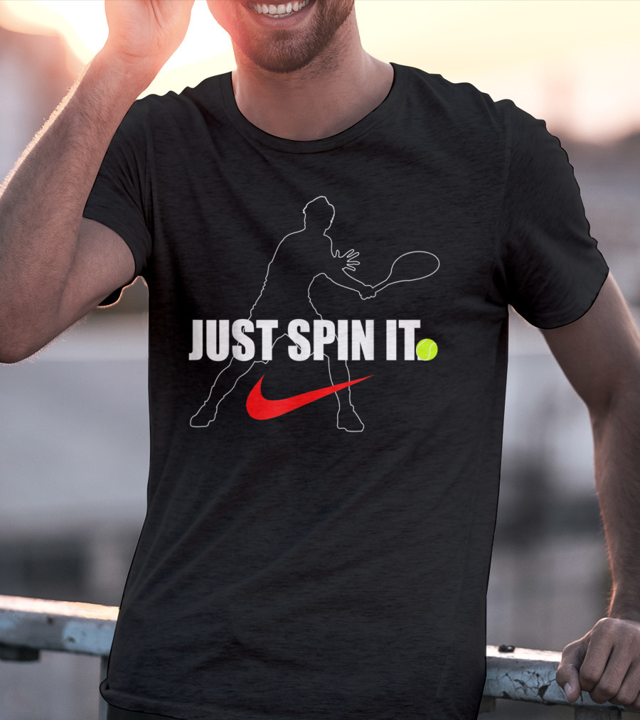 Just Spin It Funny Lawn Tennis Silhouette With Red Swoosh And Tennis Ball T-Shirt