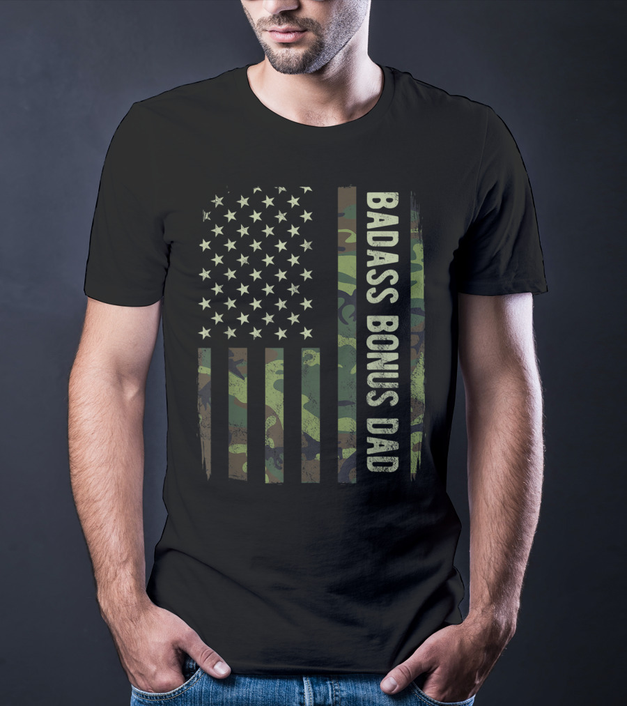 Badass Bonus Dad Camouflage American Flag T-Shirt