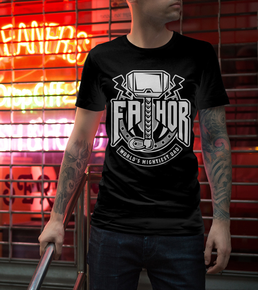 Mens Fathor World's Mightiest Dad Funny Cool Vik Hammer And Lightning T-Shirt