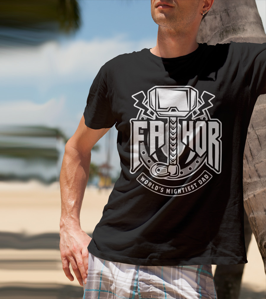 Mens Fathor World's Mightiest Dad Funny Cool Vik Hammer And Lightning T-Shirt