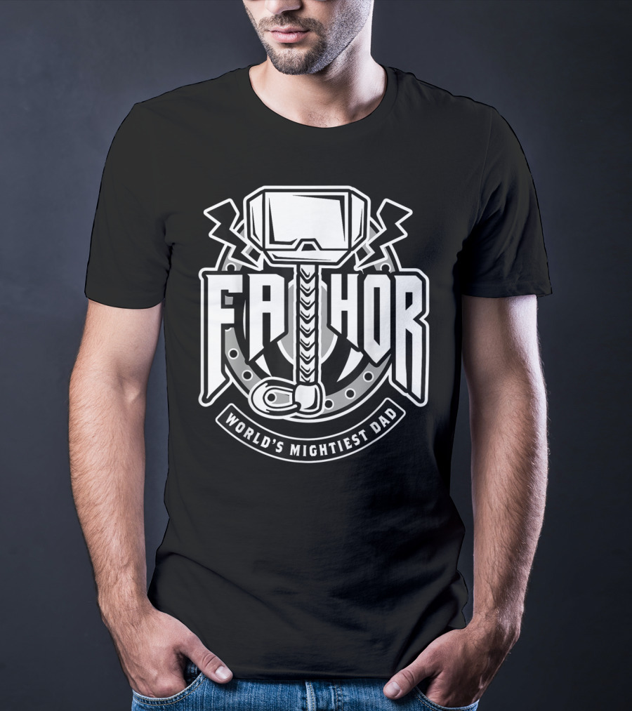 Mens Fathor World's Mightiest Dad Funny Cool Vik Hammer And Lightning T-Shirt