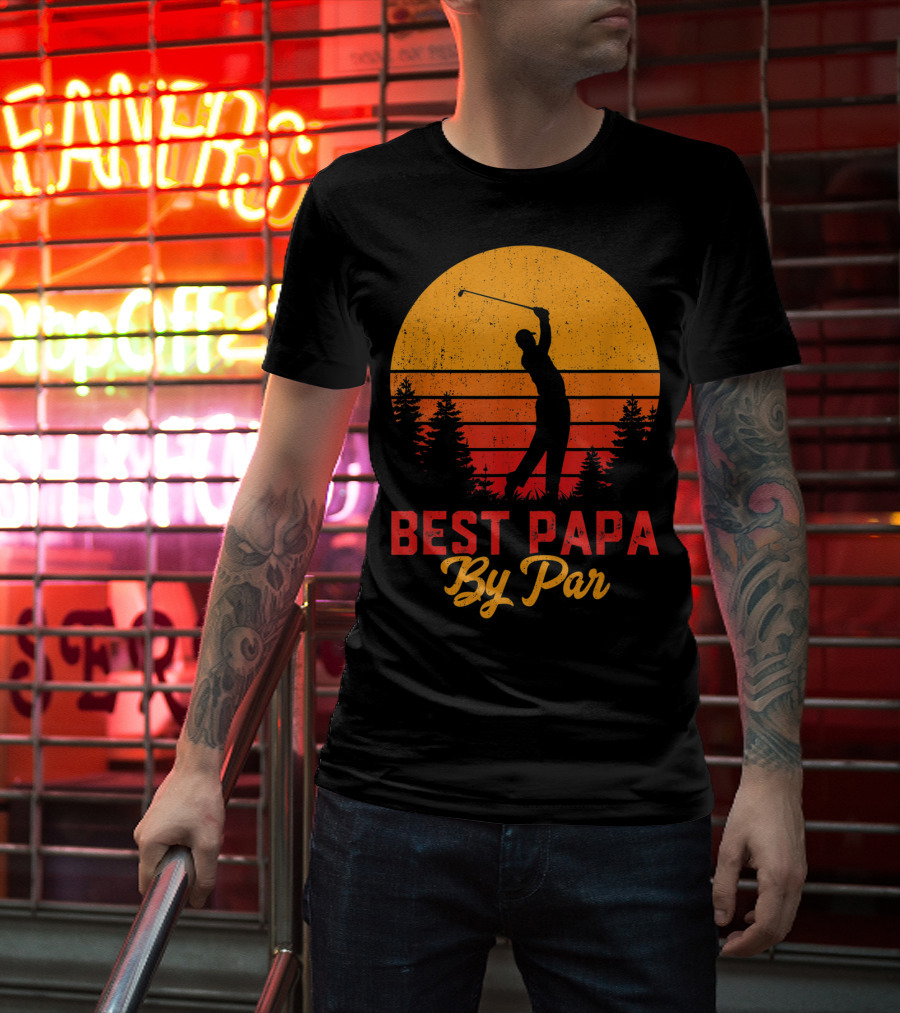 Mens Funny Father's Day Best Papa By Par Golf Silhouette Sunset T-Shirt