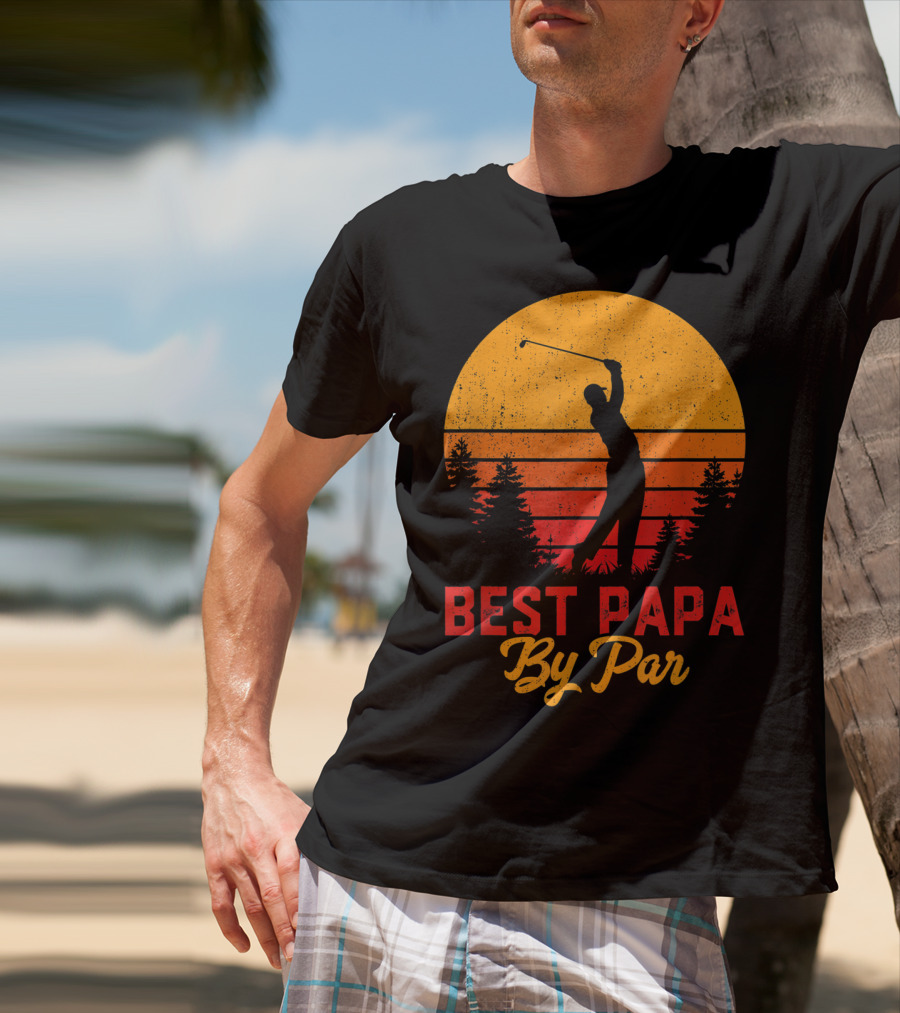 Mens Funny Father's Day Best Papa By Par Golf Silhouette Sunset T-Shirt