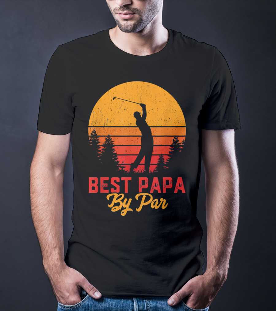 Mens Funny Father's Day Best Papa By Par Golf Silhouette Sunset T-Shirt