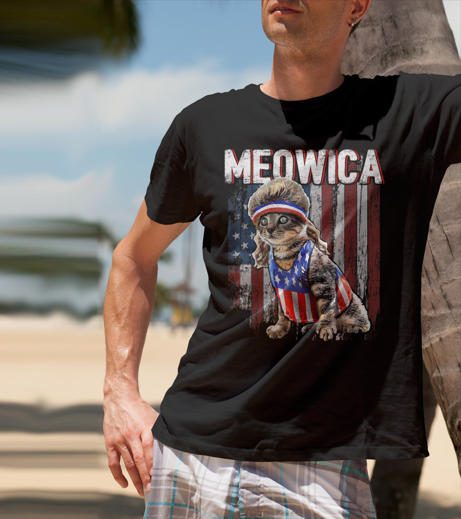 Meowica Cat Mullet American Flag Patriotic Kitten In Stars And Stripes Vest And Headband In Front Of American Flag T-Shirt